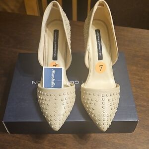 French Connection Tan Heels with Intricate Detailing